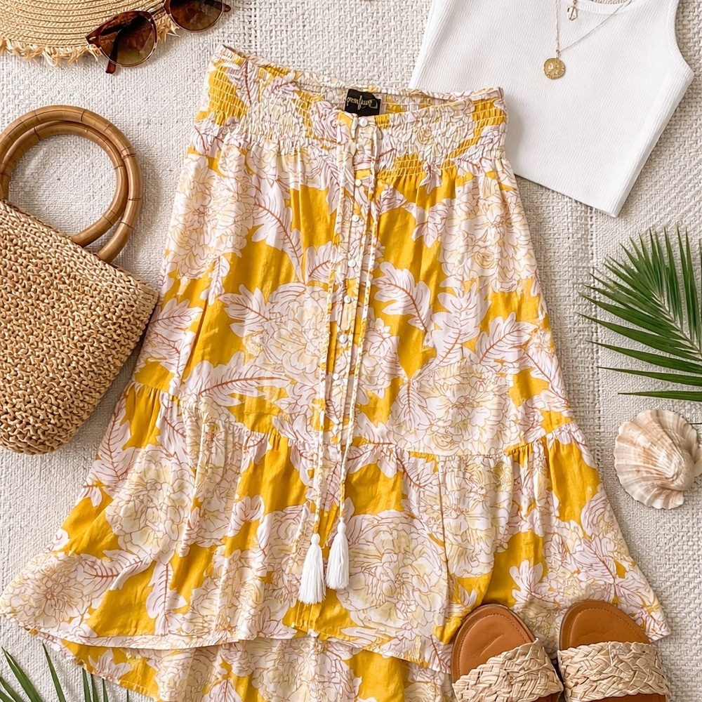 Spoon Jeans Yellow Floral Tiered Maxi Skirt Size Large